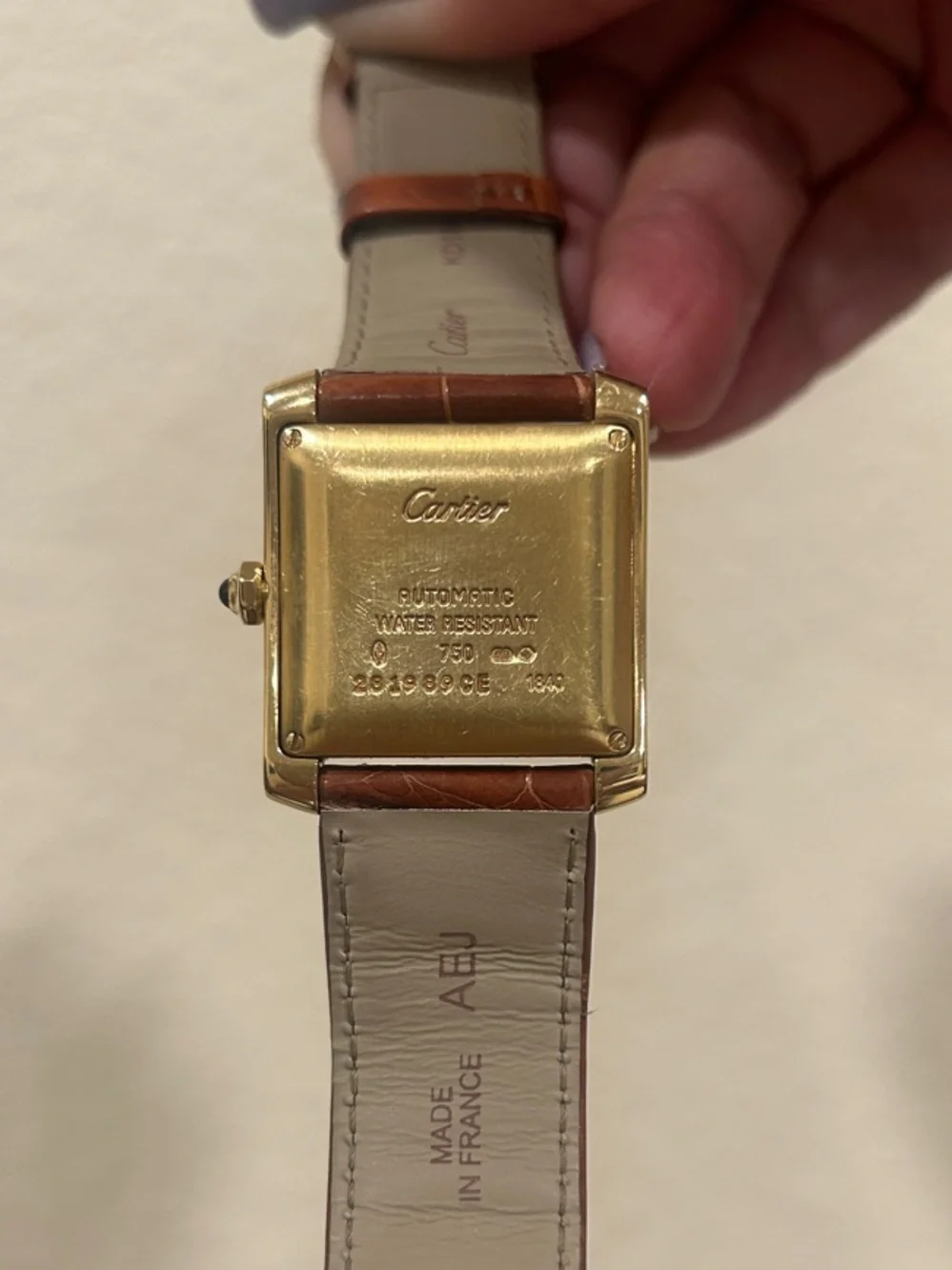 Unisex Cartier 18k Gold Tank Watch with Brown Leather Strap
